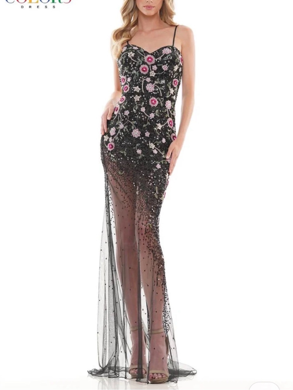 Black Sheer Maxi Dress with Pink Floral Embroidery